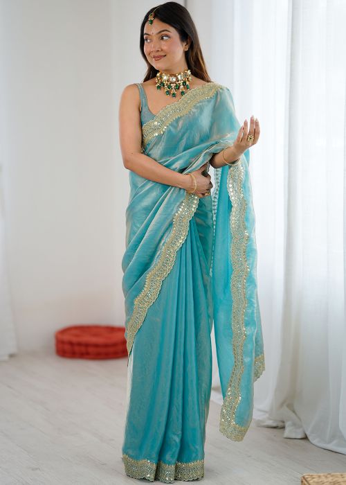 Turquoise Satin Saree With Zari Border