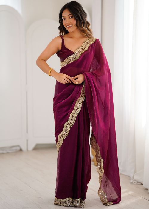 Wine Satin Saree With Sequins Border Work