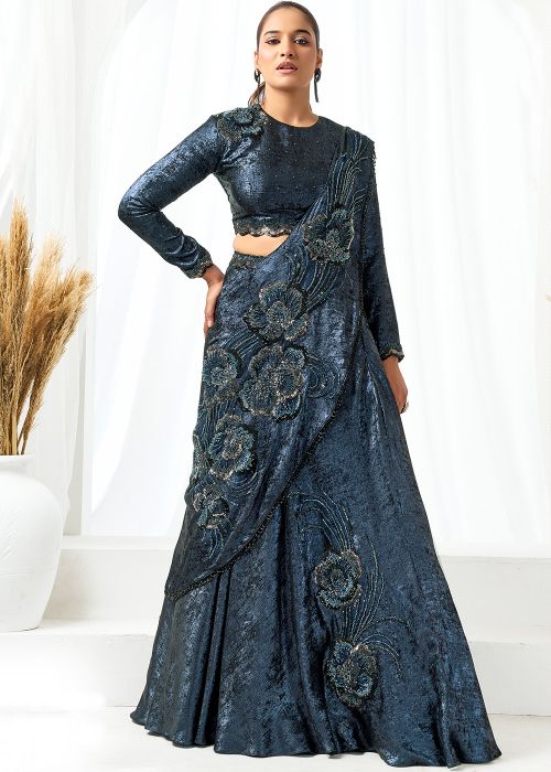 Midnight Blue Satin Lehenga Style Saree With Beads