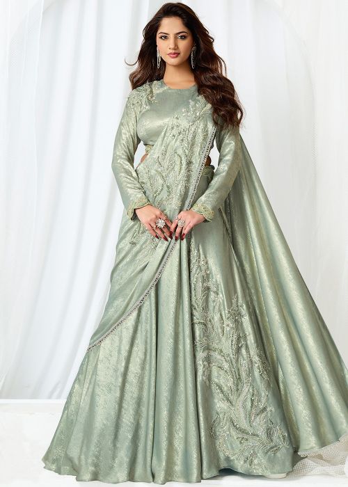 Sage Green Satin Embroidered Lehenga Saree
