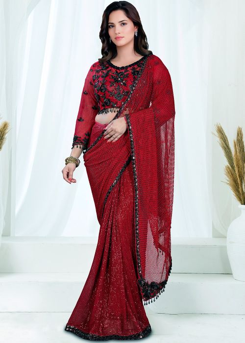 Red Net Saree With Black Hand Embroidery