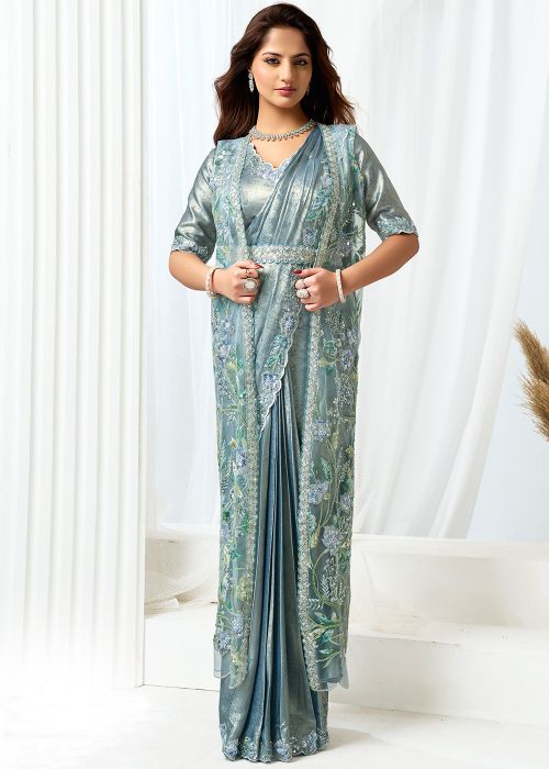 Grey Satin Saree With Embroidered Jacket