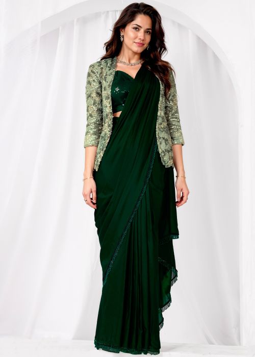Emerald Green Satin Saree With Embellished Jacket