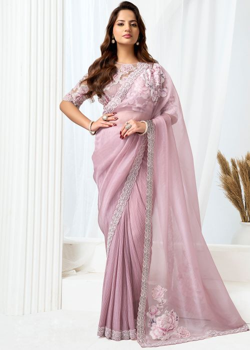 Blush Pink Organza Saree with Floral Hand Work