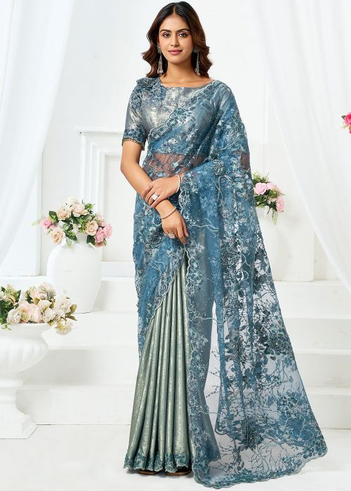Dusty Blue Net Saree With Floral Work