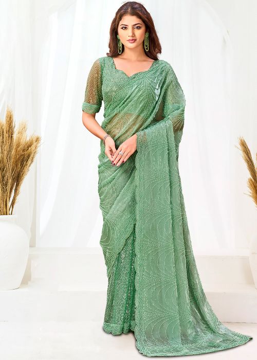 Mint Green Net Saree With Beaded Embroidery