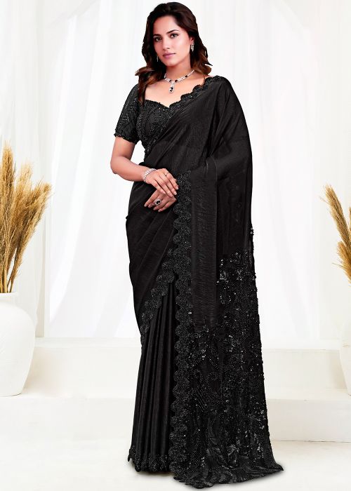 Black Satin Saree With Hand Beads Embroidery