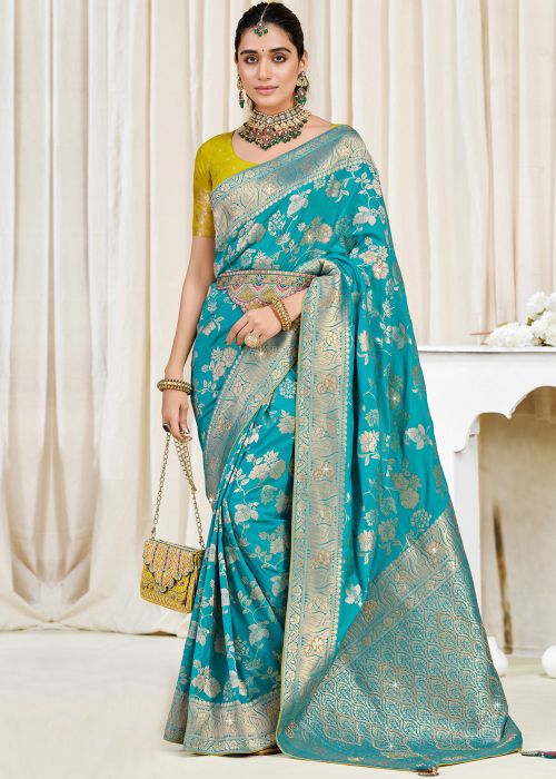 Turquoise Art Silk Saree With Floral Zari Weave