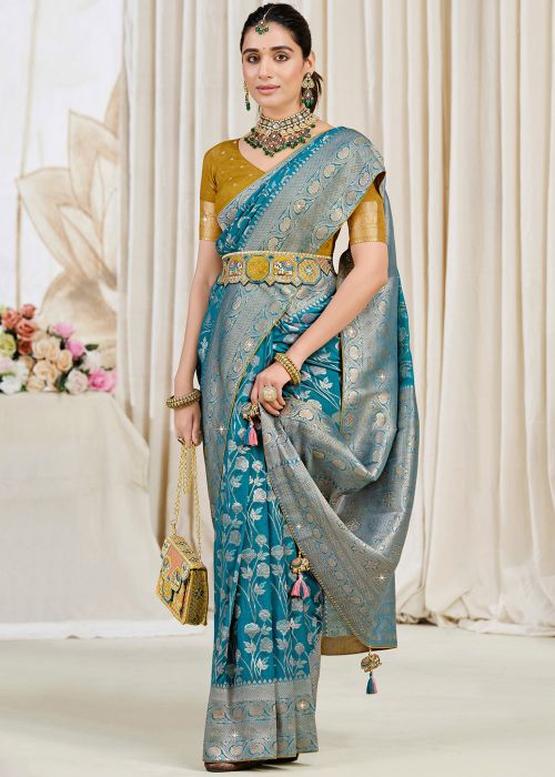 Blue Art Silk Saree With Silver Zari Weave