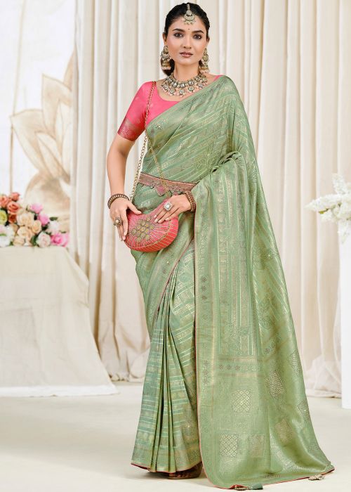 Pastel Green Saree With Zari Woven Border
