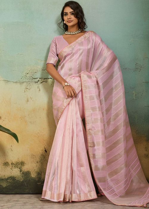 Blush Pink Cotton Silk Saree With Zari Stripes