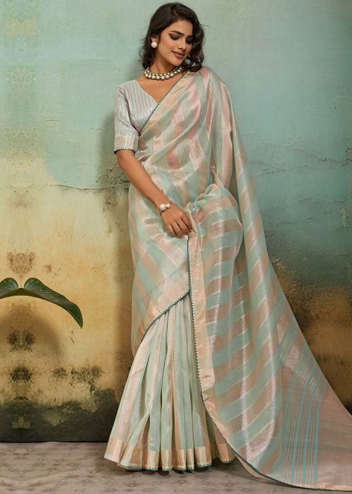 Mint Green Cotton Silk Saree With Zari Stripes