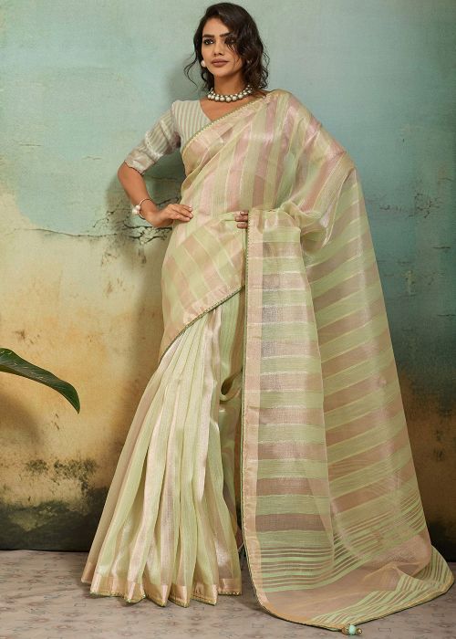 Pista Green Cotton Silk Saree With Zari Weave