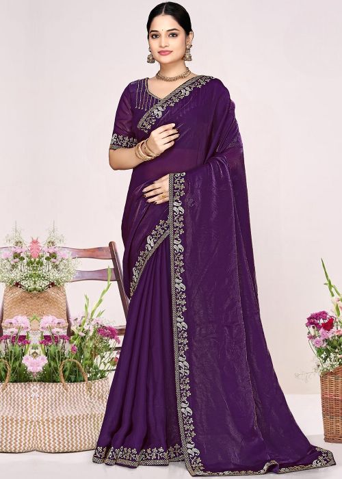 Purple Satin Saree With Stone Embellishment