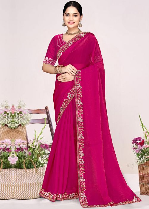 Pink Satin Saree With Embellished Border