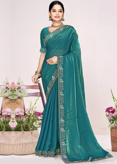 Teal Blue Satin Saree With Stone Border