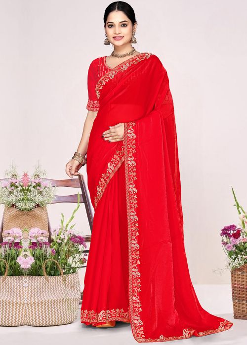 Red Satin Saree With Stone Detailing