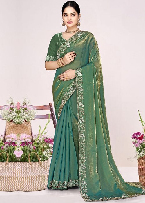 Dual Tone Blue Satin Saree With Embellished Edge