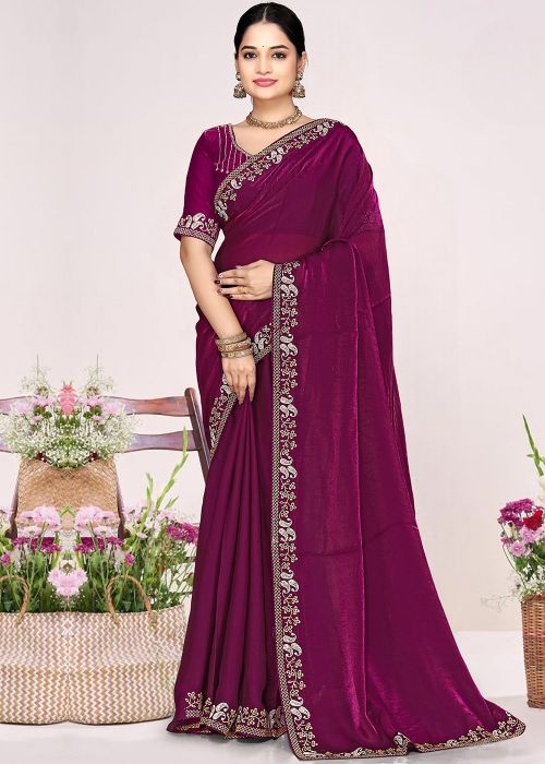 Magenta Satin Saree With Stone Border