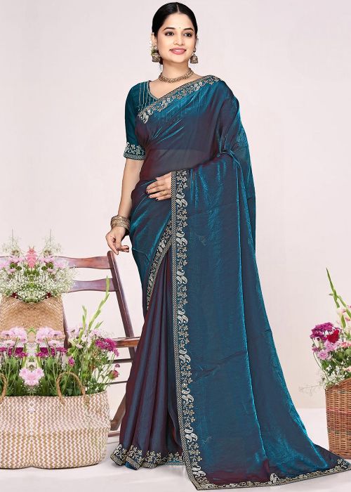 Dual Tone Teal Blue Satin Saree With Stone Work