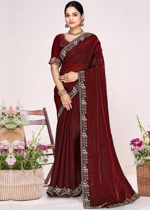 Maroon Satin Saree With Stone Embellishment