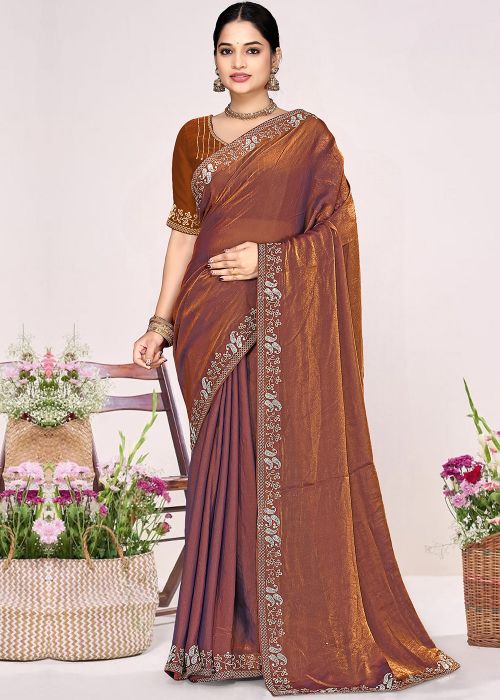 Rust Brown Satin Saree With Stone Border