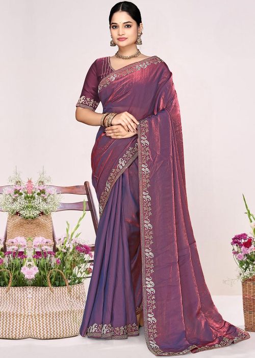 Dusty Purple Satin Saree With Stone Embellishment