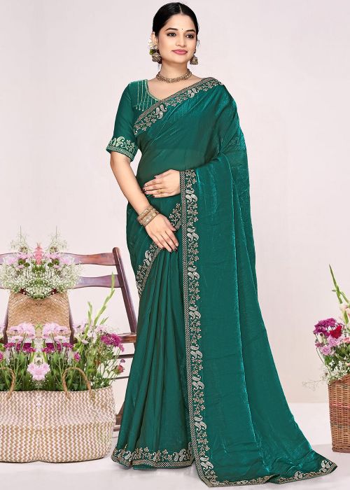 Teal Green Satin Saree With Stone Border