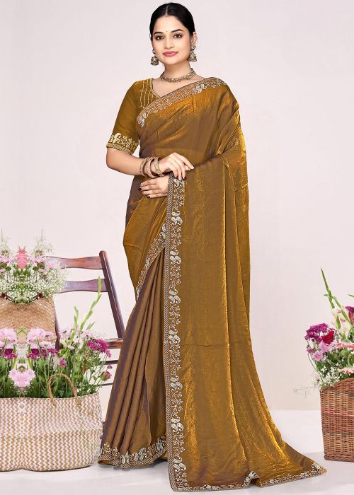 Golden Satin Saree With Stone Embellishment