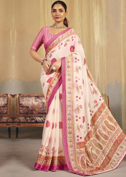 Off White Linen Saree With Pink Floral Print