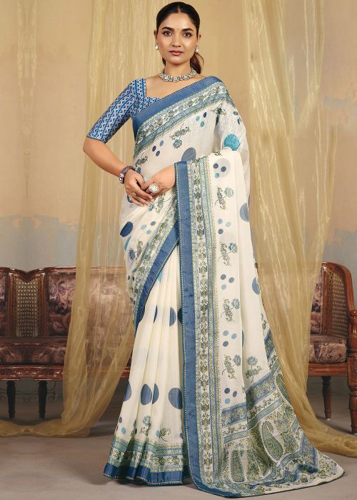 White Linen Saree With Blue Dot Print