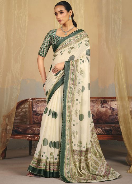 Off White Linen Saree With Green Border Print