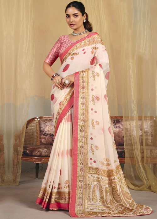 Off White Linen Saree With Printed Border