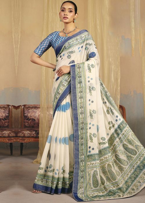 White Linen Saree With Indigo Floral Print