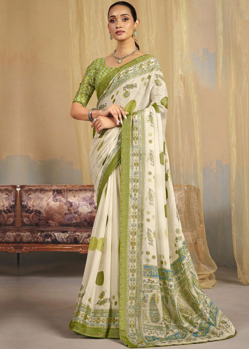 Off White Linen Saree With Printed Pallu