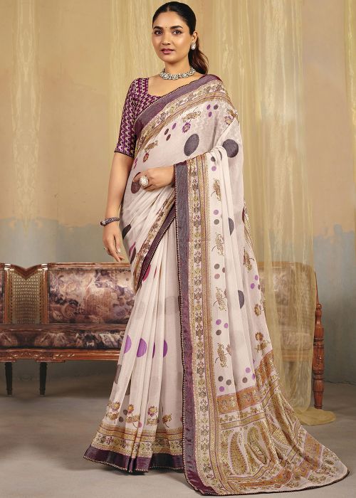 White Linen Saree With Purple Motif Print
