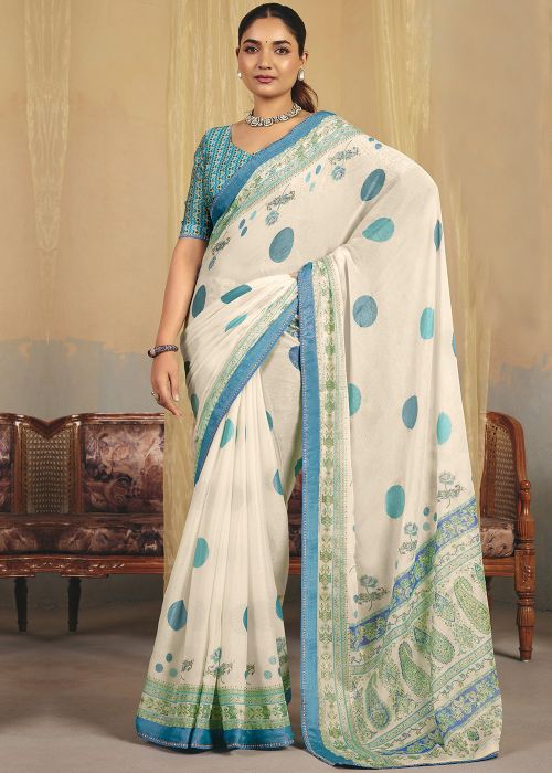 White Linen Saree With Aqua Dot Print