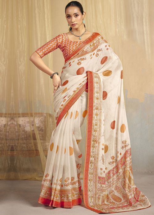 White Linen Saree With Orange Paisley Print