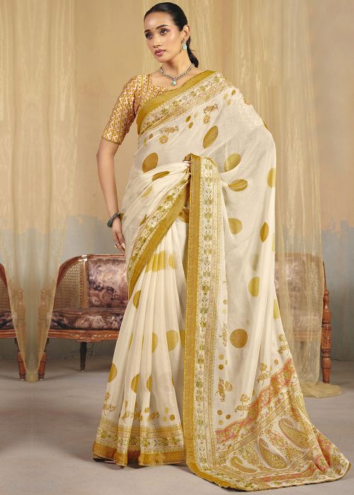 Off White Linen Saree With Mustard Border Print