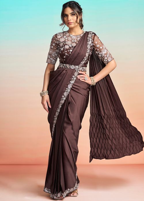 Brown Pre-Stitched Satin Saree With Floral Embroidery