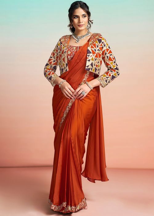 Pre-Stitched Rust Orange Saree With Corset Blouse
