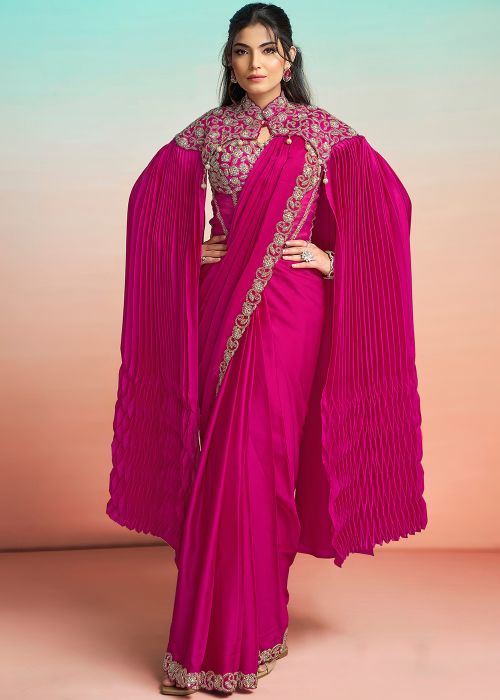 Pink Satin Saree With Zardosi Cape Blouse