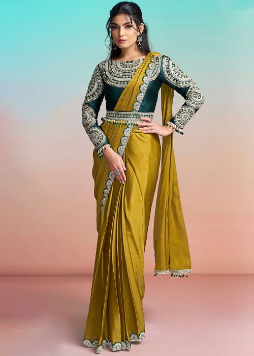 Yellow Georgette Pre-Stitched Saree With Sequin Border