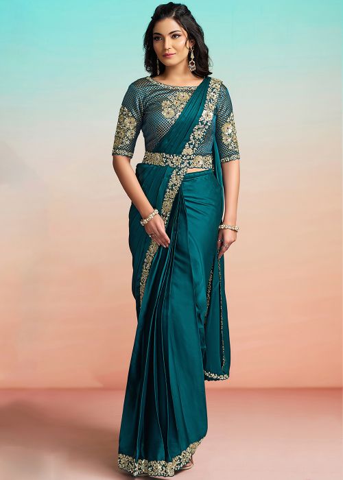 Teal Blue Satin Saree With Floral Embroidery