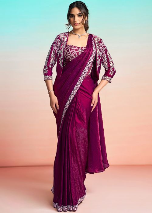 Wine Pre-Stitched Saree With Embroidered Jacket