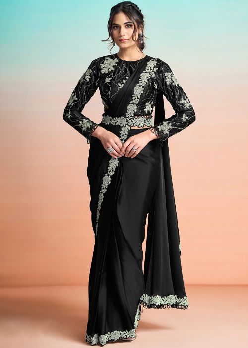 Black Satin Saree With Floral Pearl Embroidery