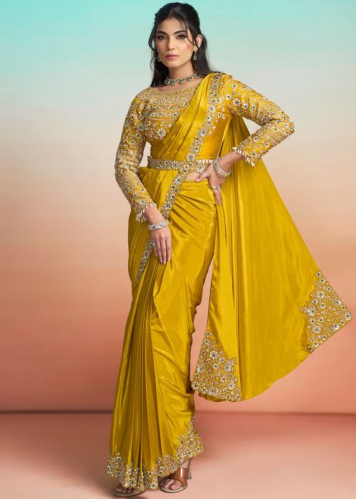 Yellow Pre-Stitched Crape Saree With Sequin Work
