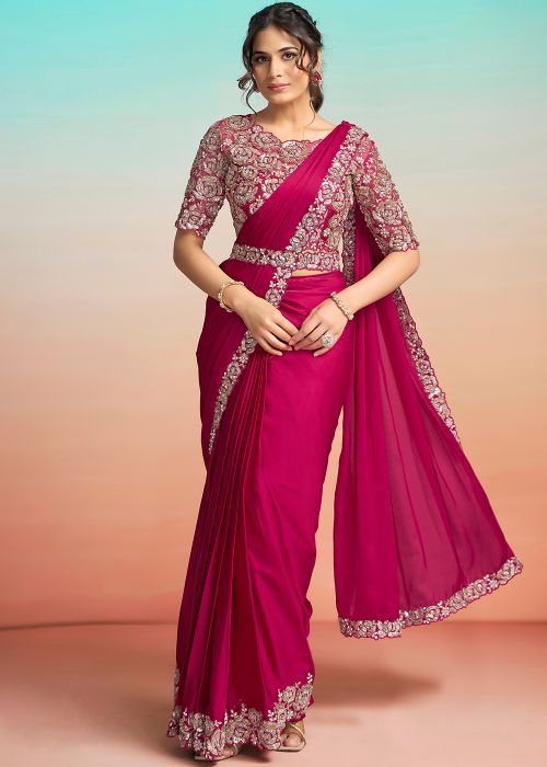 Pink Pre-Stitched Satin Saree With Stone Work