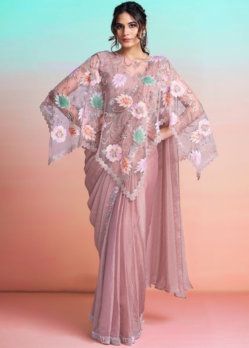 Peach Georgette Saree With Floral Applique Poncho