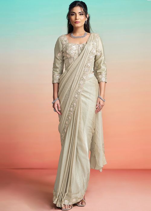 Cream Satin Saree With Floral Pearl Work